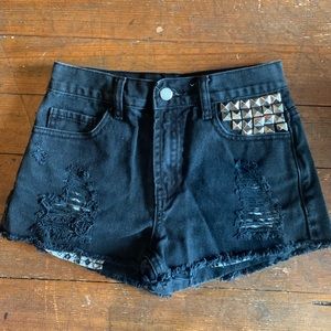 Bejeweled forever 21 black distressed jean shorts size 24”.